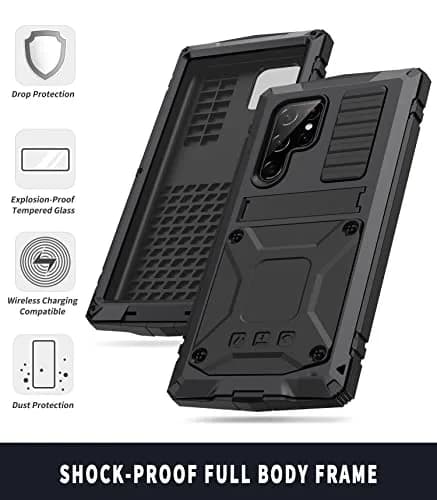 Simicoo Samsung S22 Ultra Metal Case with Screen Protector & Stand | Heavy Duty Shockproof Cover for Samsung S22 Ultra (Black) thumbnail 4