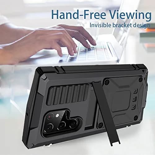 Simicoo Samsung S22 Ultra Metal Case with Screen Protector & Stand | Heavy Duty Shockproof Cover for Samsung S22 Ultra (Black) thumbnail 2