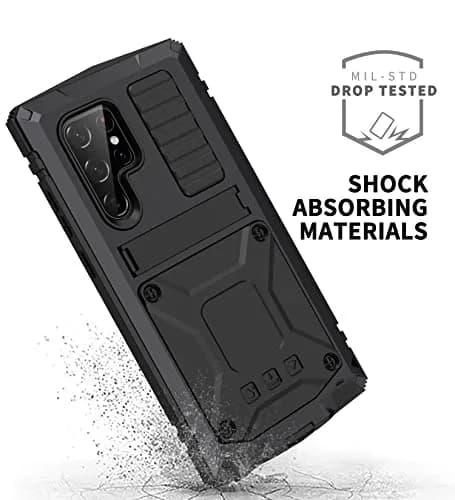 Simicoo Samsung S22 Ultra Metal Case with Screen Protector & Stand | Heavy Duty Shockproof Cover for Samsung S22 Ultra (Black) thumbnail 3