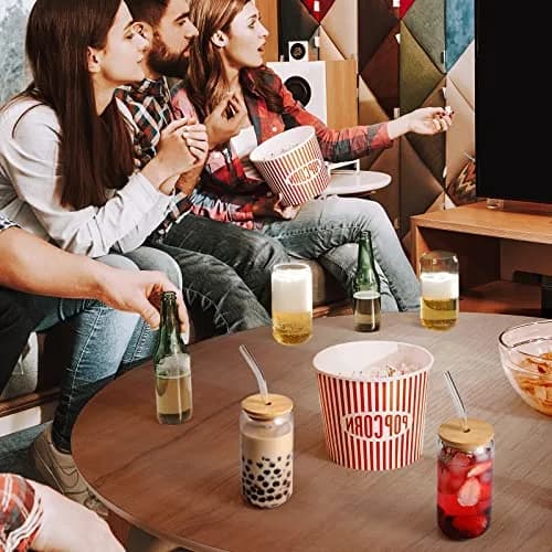 NETANY Drinking Glasses with Bamboo Lids and Glass Straws 4pcs Set - 480ml (16oz) | Classic Design Tumblers for Iced Coffee, Tea, Beer thumbnail 4