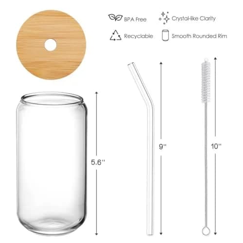 NETANY Drinking Glasses with Bamboo Lids and Glass Straws 4pcs Set - 480ml (16oz) | Classic Design Tumblers for Iced Coffee, Tea, Beer thumbnail 6