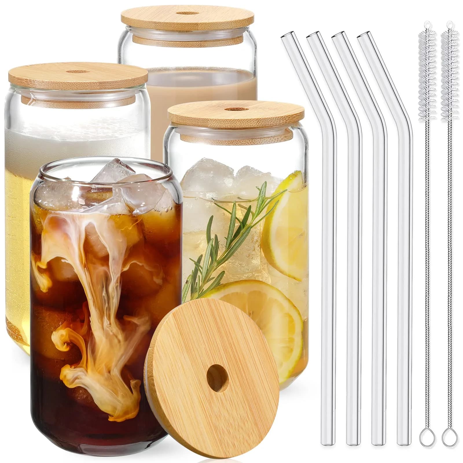 NETANY Drinking Glasses with Bamboo Lids and Glass Straws 4pcs Set - 480ml (16oz) | Classic Design Tumblers for Iced Coffee, Tea, Beer - main product image