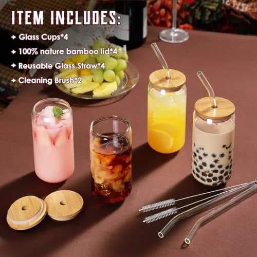 NETANY Drinking Glasses with Bamboo Lids and Glass Straws 4pcs Set - 480ml (16oz) | Classic Design Tumblers for Iced Coffee, Tea, Beer thumbnail 2