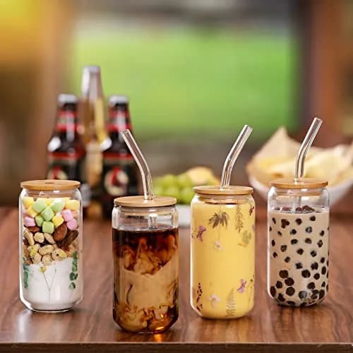 NETANY Drinking Glasses with Bamboo Lids and Glass Straws 4pcs Set - 480ml (16oz) | Classic Design Tumblers for Iced Coffee, Tea, Beer thumbnail 3