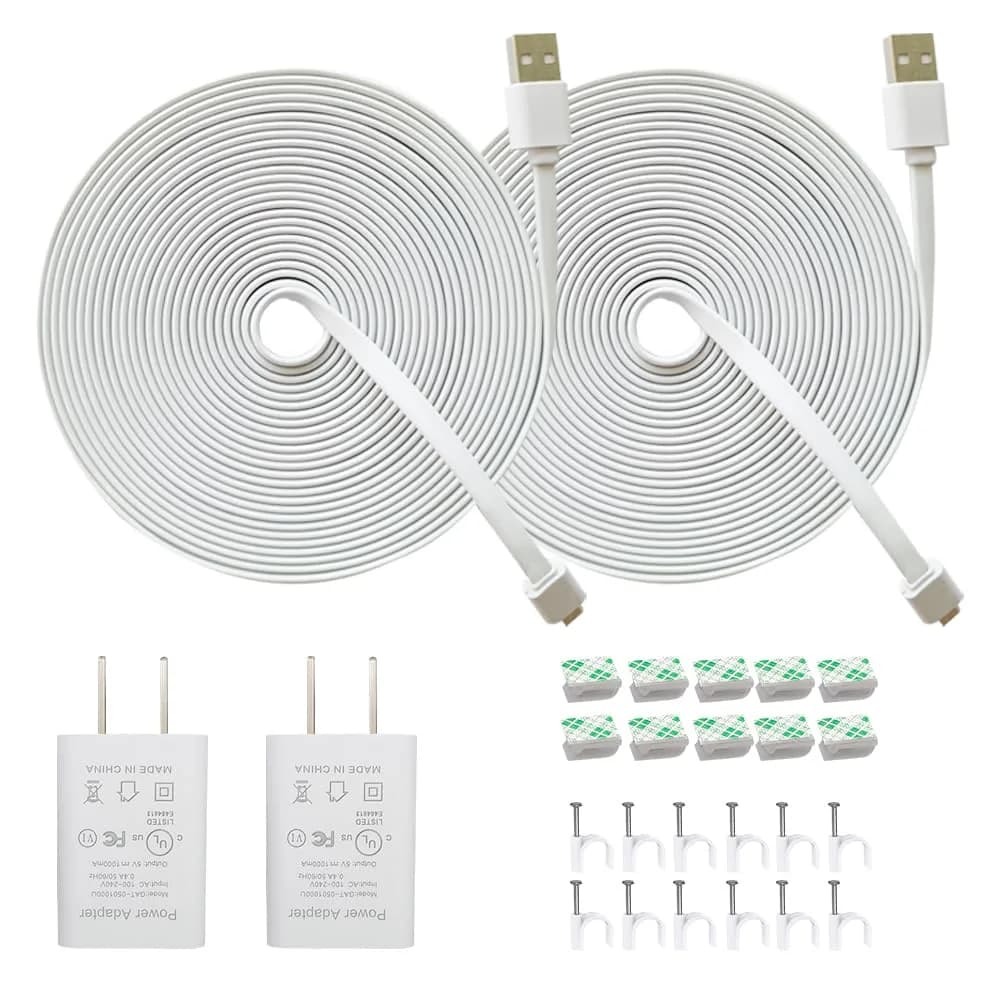 JJMASEE 26ft (7.9m) White Micro USB Extension Cable with Adapter, 2-Pack | Weatherproof Power Cord for Wyze/Blink Cams - main product image