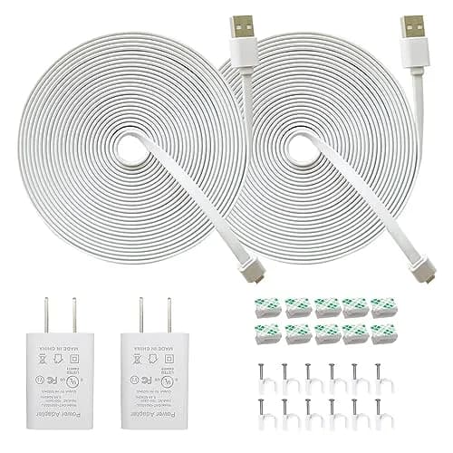 JJMASEE 26ft (7.9m) White Micro USB Extension Cable with Adapter, 2-Pack | Weatherproof Power Cord for Wyze/Blink Cams thumbnail 1