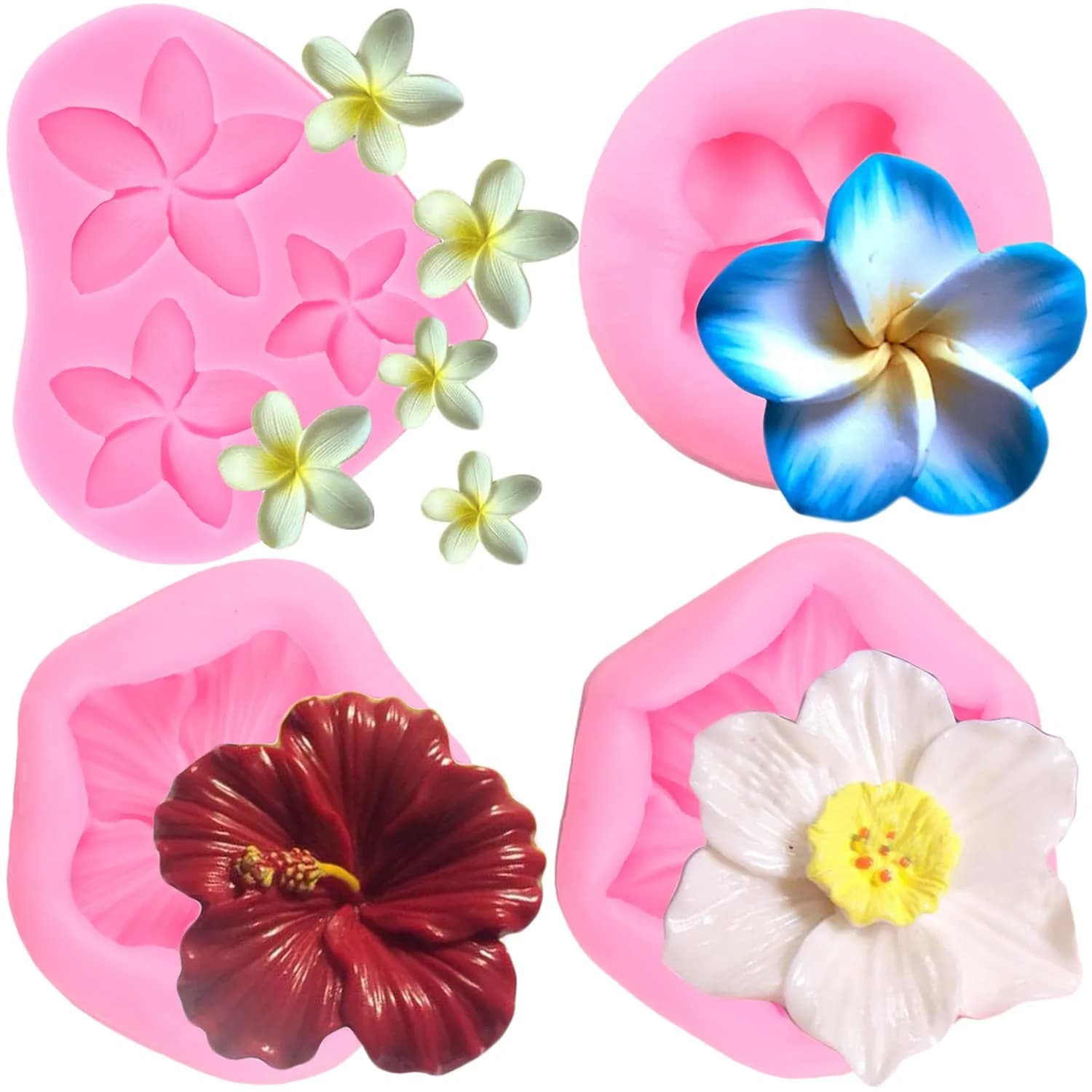 ZiXiang Plumeria Flower Silicone Mold Set | 4-Piece Tropical Flower Fondant & Chocolate Molds — Style D