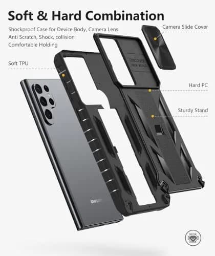 SOiOS Samsung Galaxy S23 Ultra Case with Kickstand & Slider | Rugged Military Design, Black thumbnail 5