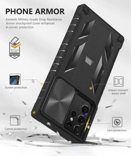 SOiOS Samsung Galaxy S23 Ultra Case with Kickstand & Slider | Rugged Military Design, Black thumbnail 6