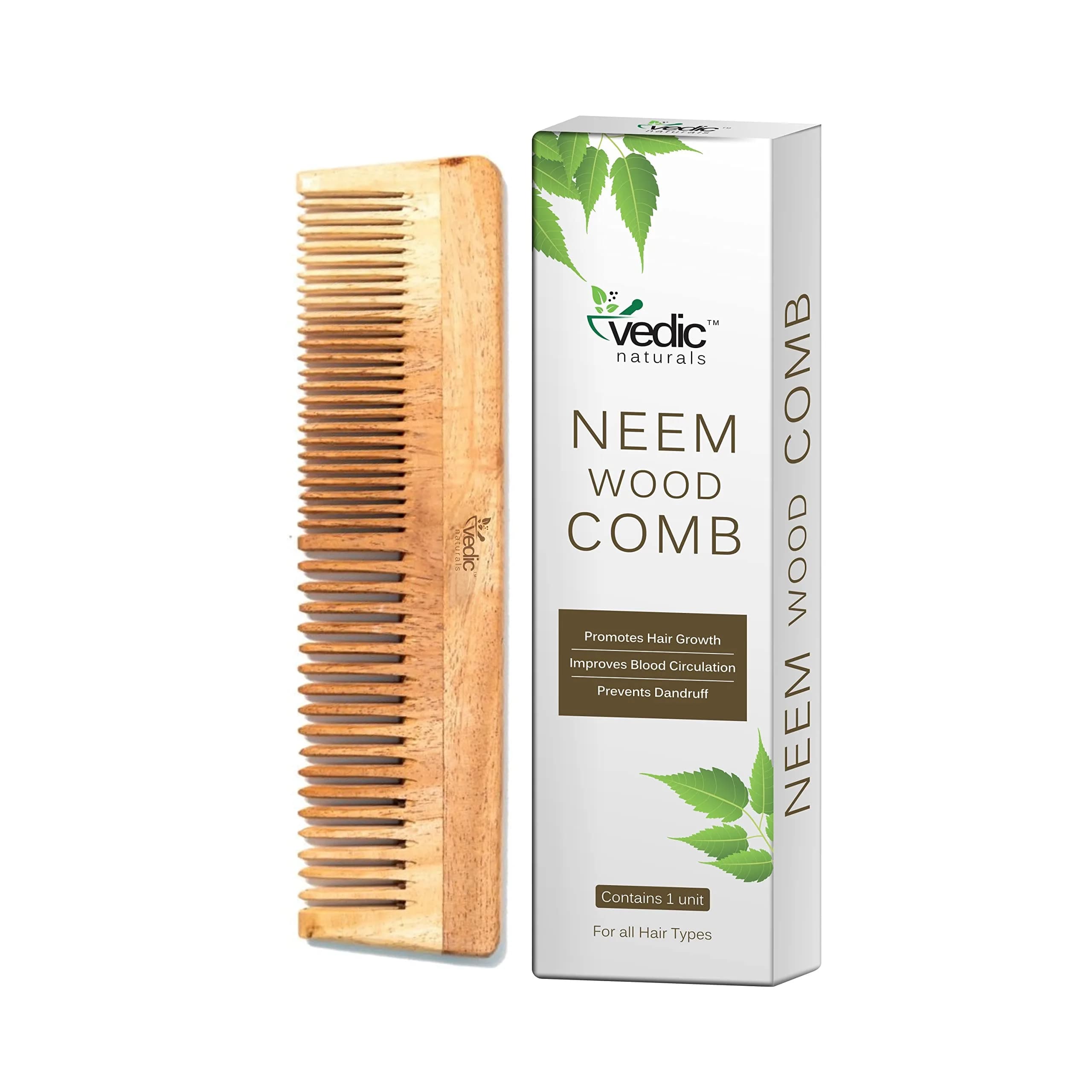Vedic Naturals Neem Wood Comb for Hair Growth, Hair Fall & Dandruff Control | Dual Sided Wide & Fine Tooth Natural Wooden Comb (19.3 cm) — Brown