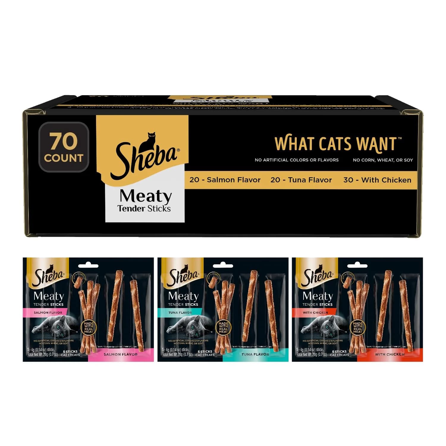 Sheba Meaty Tender Sticks Cat Treats, Chicken, Salmon & Tuna | Soft, Real Meat, 70 Count - main product image