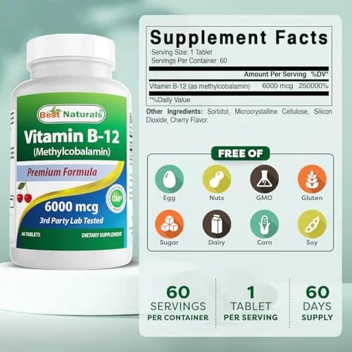 Best Naturals Vitamin B-12 as Methylcobalamin 6000 mcg | Sublingual Tablets for Energy & Nerve Support thumbnail 2