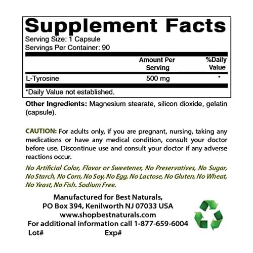 Best Naturals L-Tyrosine 500 mg 90 Capsules | Unflavoured, USA Import, GMP Certified thumbnail 2