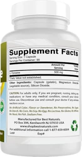 Best Naturals L-Tyrosine 500 mg 90 Capsules | Unflavoured, USA Import, GMP Certified thumbnail 4