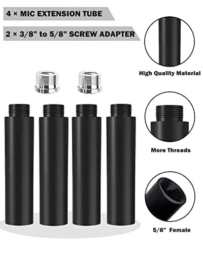 Boseen Microphone Stand Extension Tube Set with Adapters | 4 Pieces, Aluminum Alloy, Black thumbnail 2