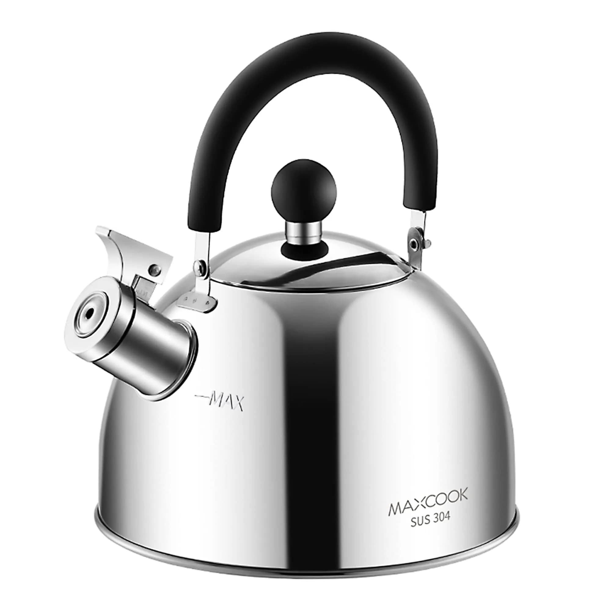 MAXCOOK Whistling Tea Kettle 3L (101.4 Fl Oz) Mirror Polish Stainless Steel Stove Top Kettle with Anti-Heat Handle | Induction Ready — Silver / 2.1 Quarts