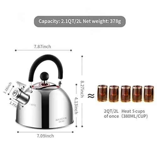MAXCOOK 304 Stainless Steel Whistling Tea Kettle 2.1 Quart (2L) | Induction Stovetop Safe thumbnail 6