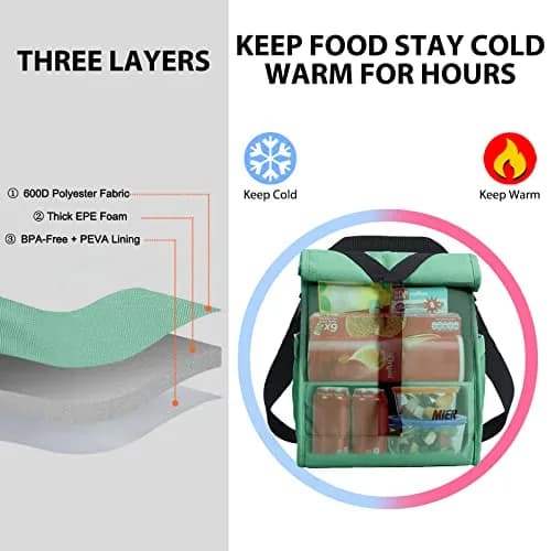MIER Insulated Lunch Bag Roll-Top Lunchbox for Adults, Green | 9L x 6W x 15H inches (23cm x 15cm x 38cm) thumbnail 6