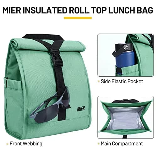 MIER Insulated Lunch Bag Roll-Top Lunchbox for Adults, Green | 9L x 6W x 15H inches (23cm x 15cm x 38cm) thumbnail 2