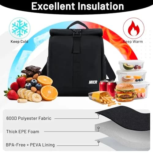 MIER Insulated Lunch Bag Roll-Top Lunchbox for Adults, Black | 16.5 L x 9 W x 11.75 D inches (426 L) thumbnail 6