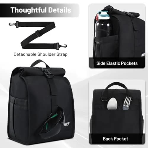 MIER Insulated Lunch Bag Roll-Top Lunchbox for Adults, Black | 16.5 L x 9 W x 11.75 D inches (426 L) thumbnail 3