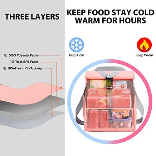 MIER Insulated Lunch Bag Roll-Top Lunchbox for Adults, Pink | 9 L x 6 W x 15 H inches (25.4 cm) thumbnail 6