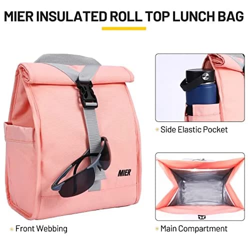MIER Insulated Lunch Bag Roll-Top Lunchbox for Adults, Pink | 9 L x 6 W x 15 H inches (25.4 cm) thumbnail 3