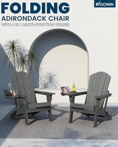 FOOWIN Folding Adirondack Chair Set of 2 | Weatherproof HDPE Outdoor Chairs in Grey thumbnail 6