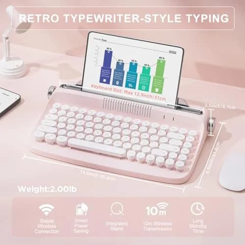YUNZII ACTTO B303 Retro Typewriter Bluetooth Keyboard (Baby Pink) | 84-Key Compact Wireless Keyboard with Integrated Stand thumbnail 2