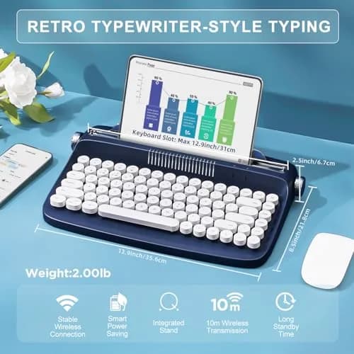 YUNZII ACTTO B303 Wireless Retro Typewriter Bluetooth Keyboard (Midnight) | Compact Vintage Design with 86 Keys thumbnail 2