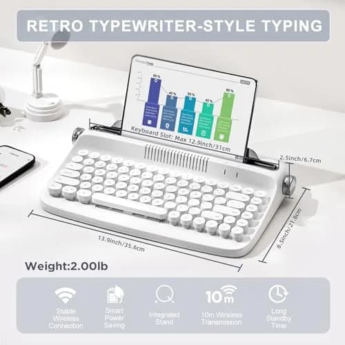 YUNZII ACTTO B303 Wireless Retro Typewriter Bluetooth Keyboard Snow White | Compact, Vintage Style thumbnail 2