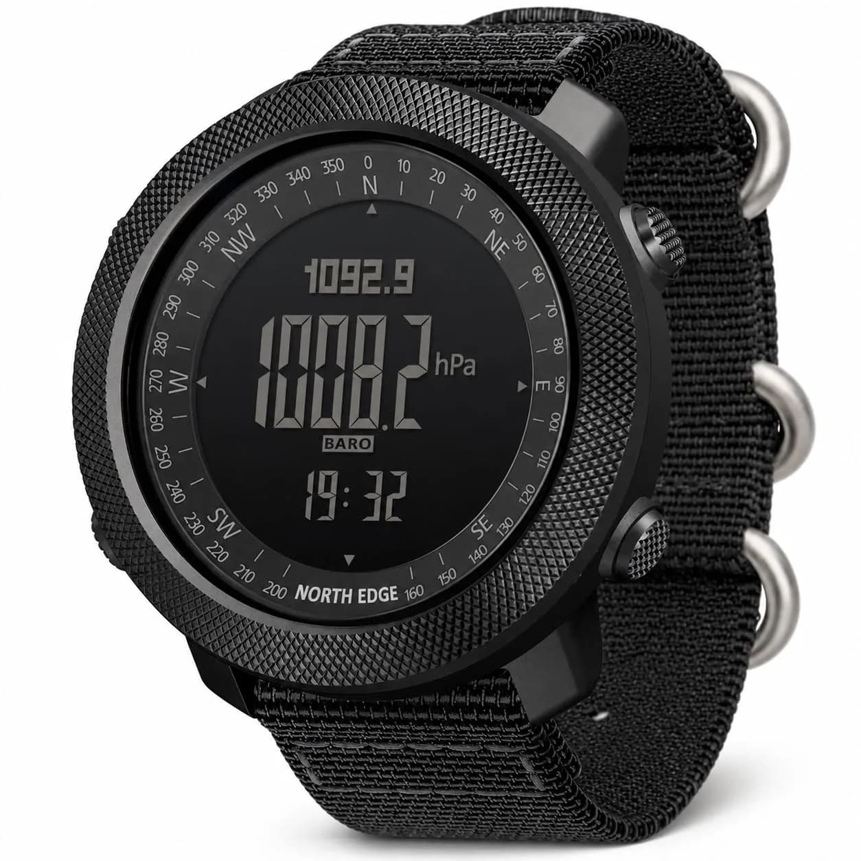 NORTH EDGE Apache Men's Survival Tactical Watch 50mm | Altimeter, Barometer, Compass, Weather Prediction — Apache 50MM Black Nylon Band