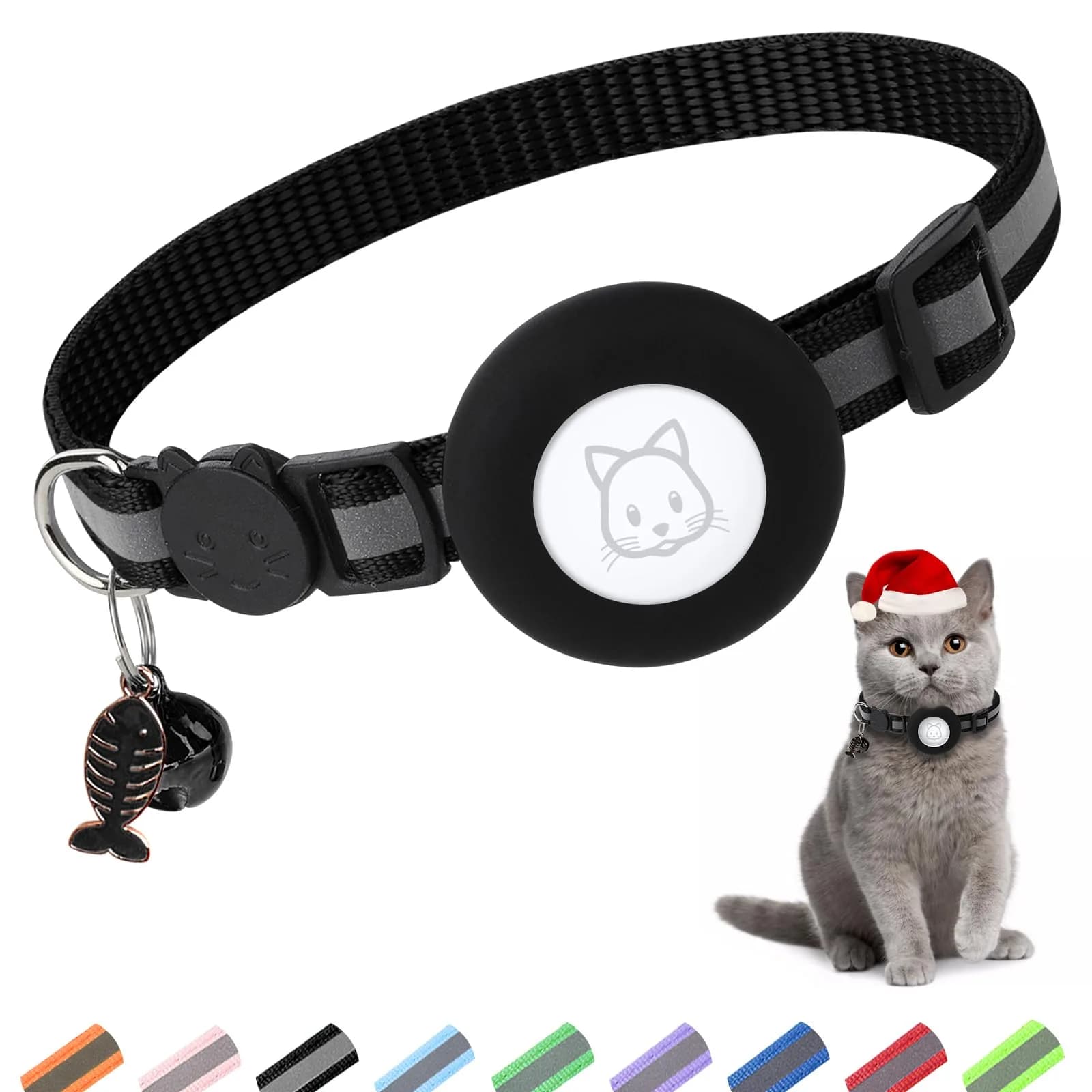 SimpleThings Black Airtag Cat Collar with Bell & Safety Buckle | 22-35 cm (8.66-13.78 inches) - main product image