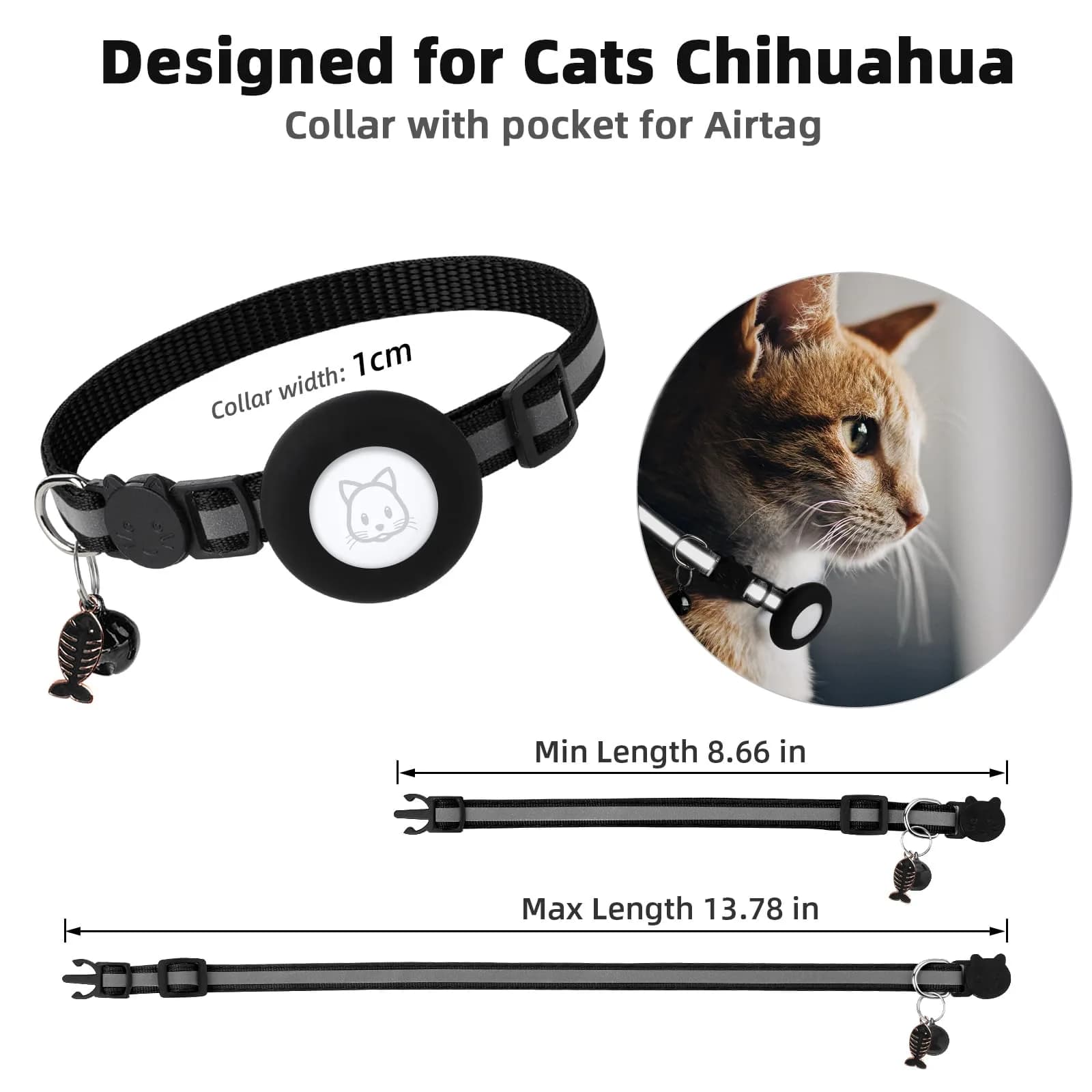 SimpleThings Black Airtag Cat Collar with Bell & Safety Buckle | 22-35 cm (8.66-13.78 inches) - view 7