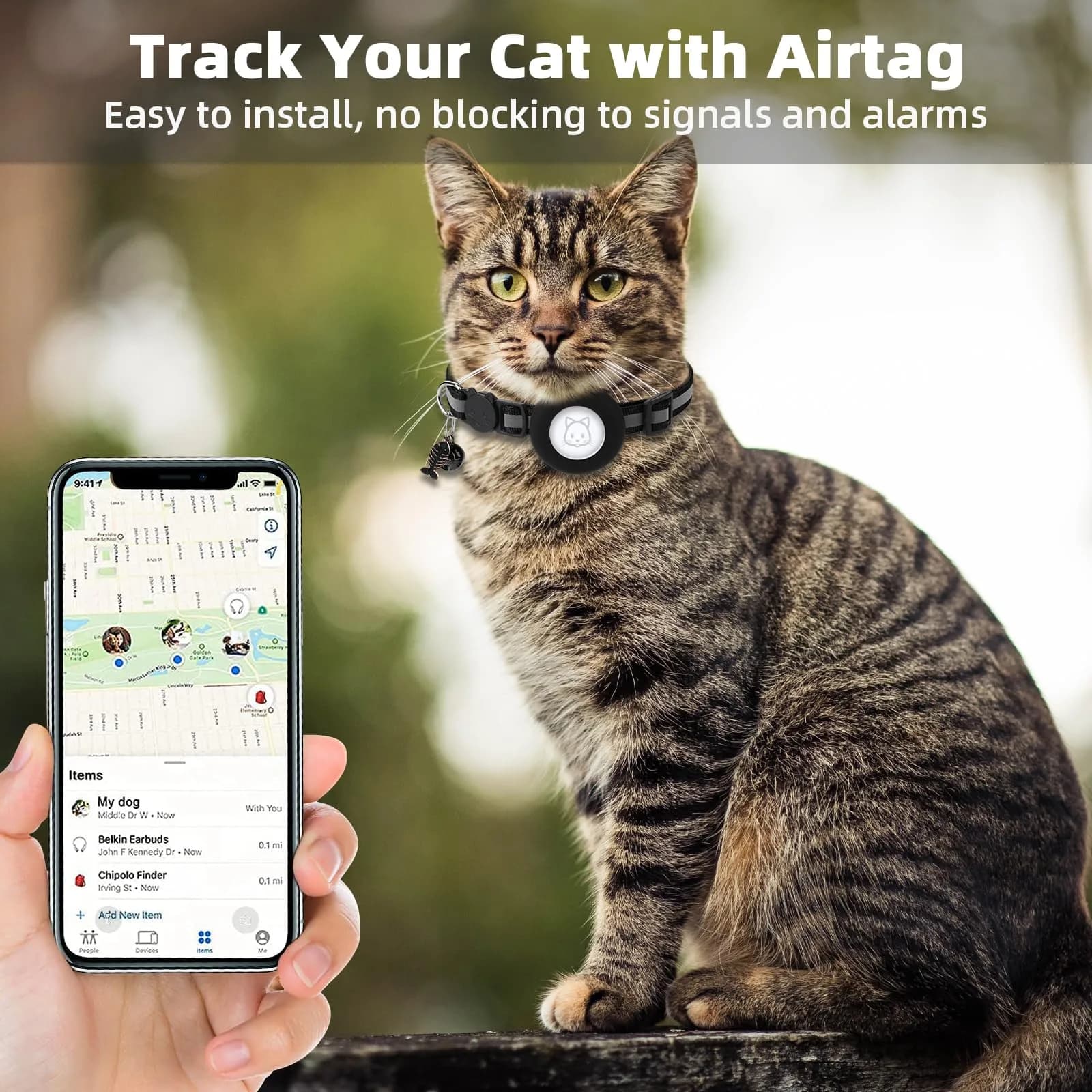 SimpleThings Black Airtag Cat Collar with Bell & Safety Buckle | 22-35 cm (8.66-13.78 inches) - view 2