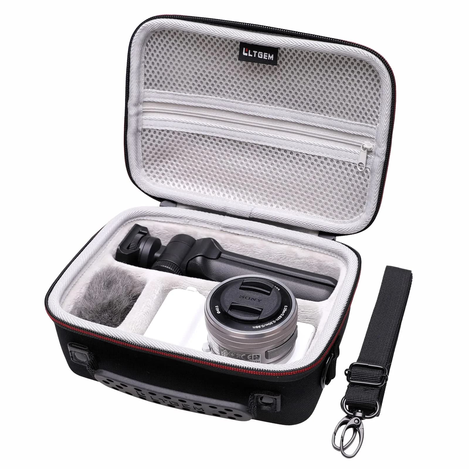 LTGEM Pink+Black Camera Case for Sony Alpha ZV-E10 / ZV-1F / ZV-1 / ZV-1 II Vlog Camera with Shoulder Strap, Fits Accessory Kit, 20cm (8") L – 15cm (6") W – 10cm (4.1") H — Black+Grey