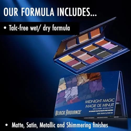 Black Radiance Brilliant Effects Eye Shadow Palette, 12 Intense Ultra Pigmented Powder, Buildable & Blendable Versatile Matte to Shimmer Finishes, Cruelty-Free & Vegan - Midnight Magic | 12 rich powders, matte to shimmer, cruelty-free thumbnail 2