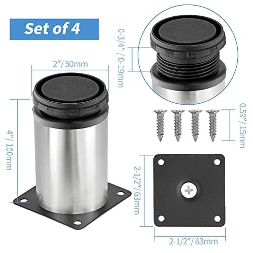 Masendelk Stainless Steel Adjustable Furniture Legs 4 Inch | Silver, 4pcs, Supports Up to 88lbs thumbnail 4