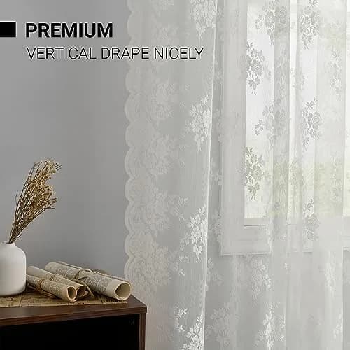 Kotile Ivory Lace Curtains for Bedroom, Vintage Floral, 52x84 Inch 2 Panels | Sheer Floral Lace for Elegant Windows thumbnail 5