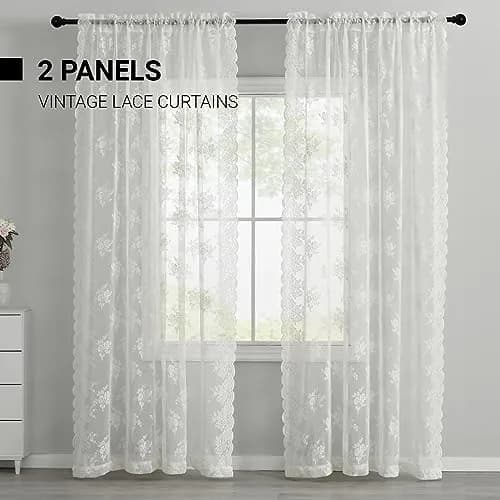 Kotile Ivory Lace Curtains for Bedroom, Vintage Floral, 52x84 Inch 2 Panels | Sheer Floral Lace for Elegant Windows thumbnail 6