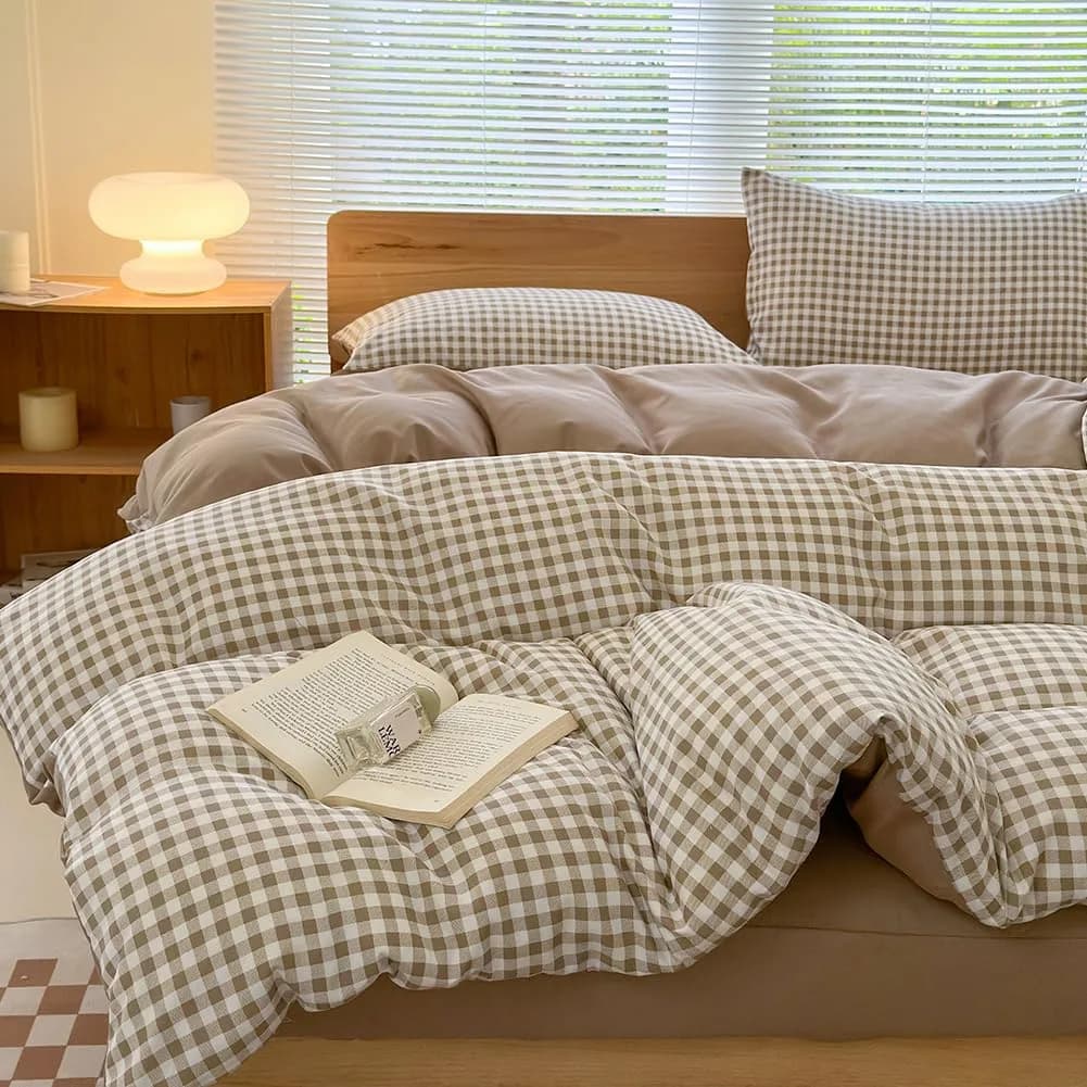 NSNLGSGC Twin Duvet Cover Set Grid White | Soft Microfiber Bedding for Kids — Brown Grid
