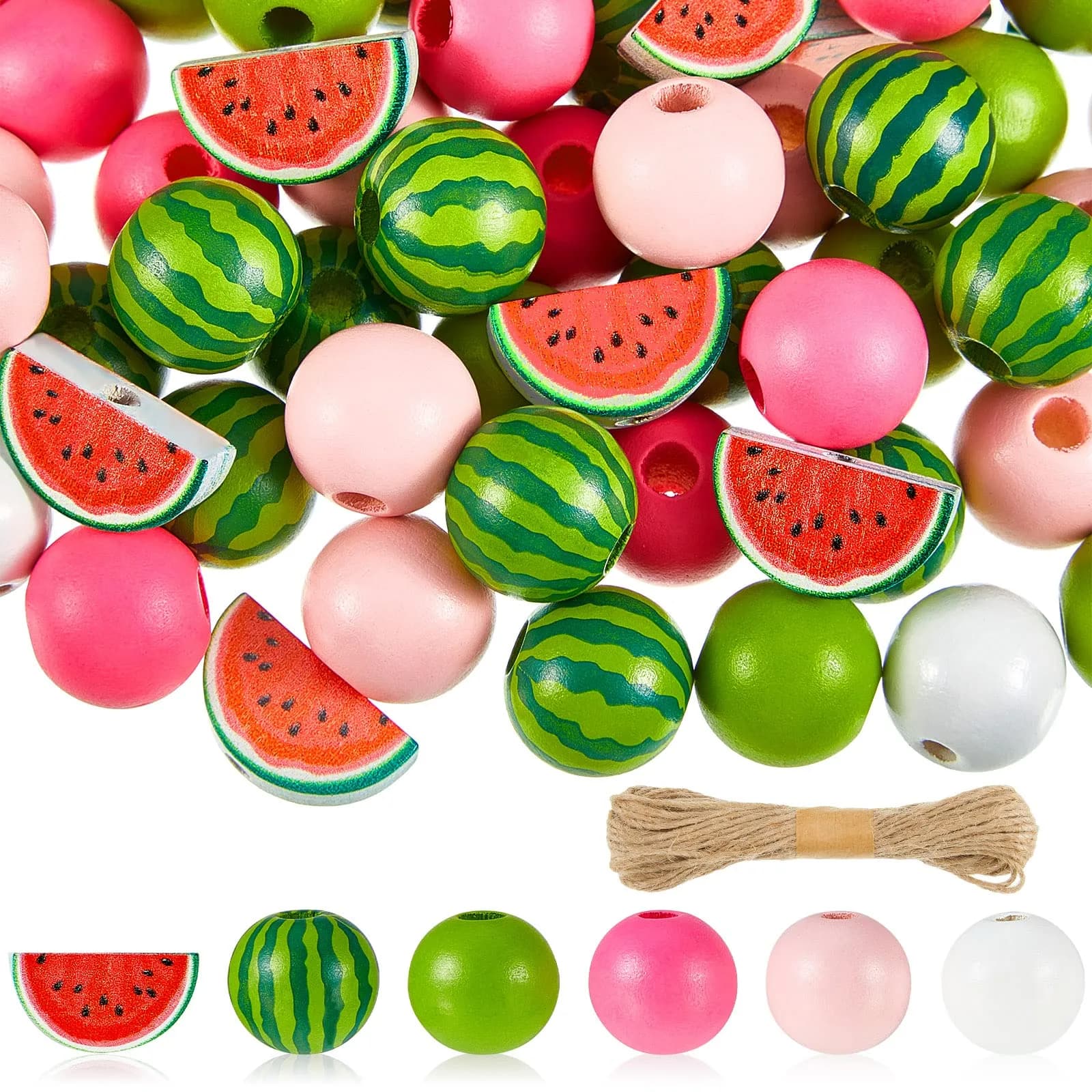 Yookeer Watermelon Wooden Beads 16 mm | Summer Multi-Colored Round Jewelry Craft Kit — Green,Multicolored,Pink,Rainbow,Red,Variety Of Colors,White