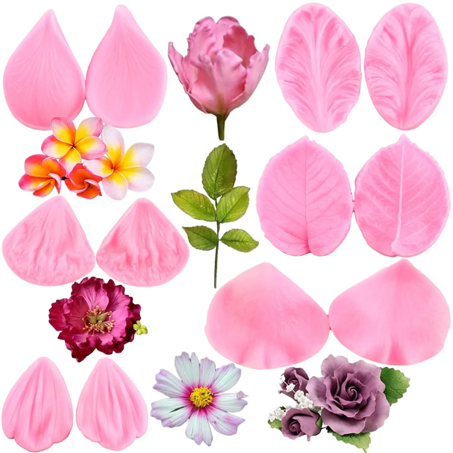 ZiXiang Flower Silicone Veining Molds Set of 6 | Rose Peony Daisy Orchid Fondant Molds for Cake Decorating - main product image