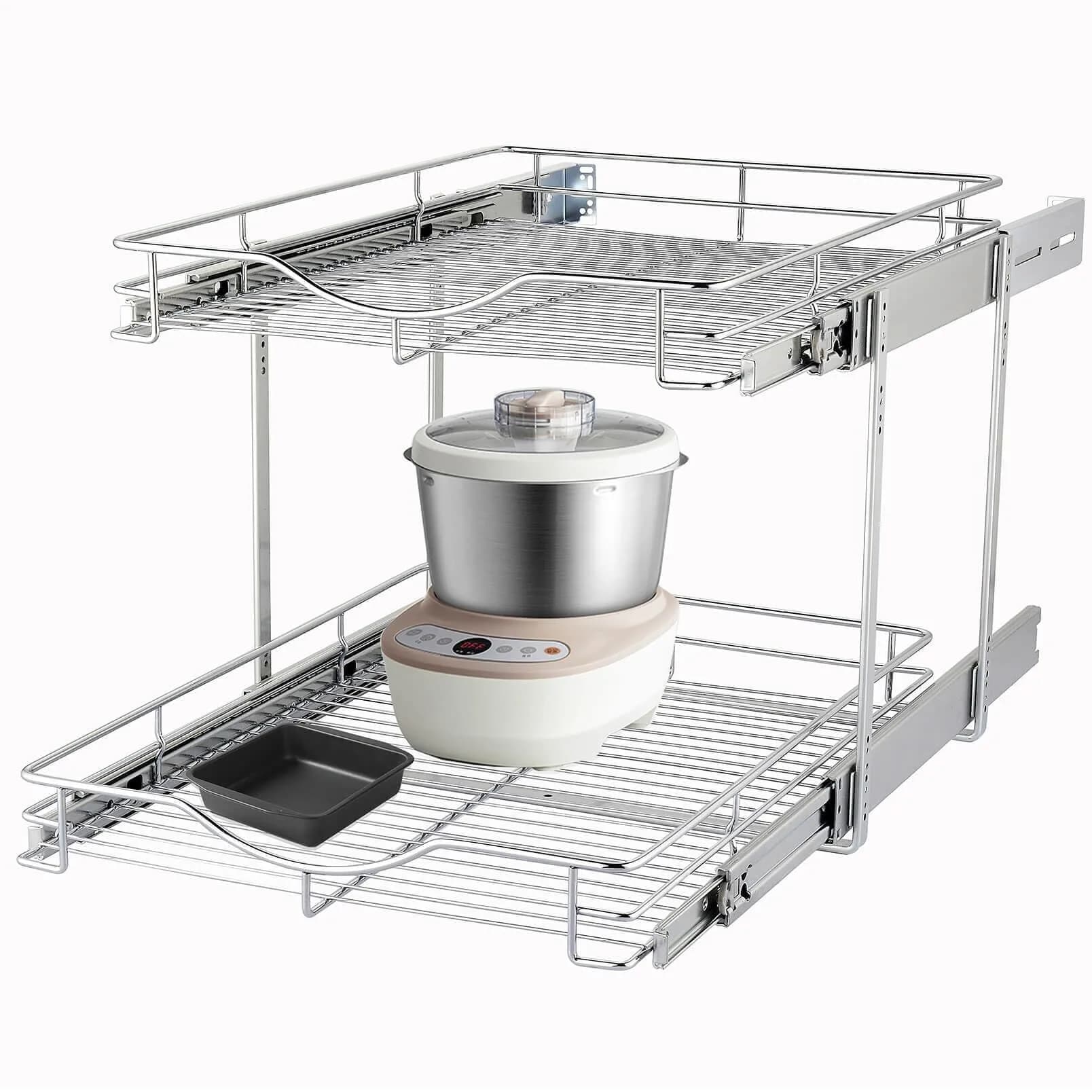 DINDON 2 Tier Pull Out Cabinet Organizer 20" W x 18" D Chrome | Double Tier Wire Basket for Kitchen & Bathroom