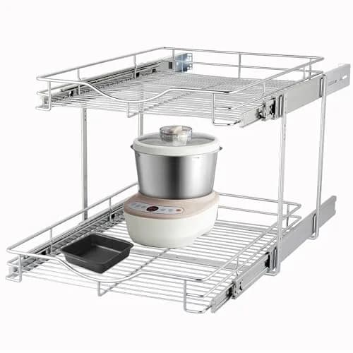 DINDON 2 Tier Pull Out Cabinet Organizer 20" W x 18" D Chrome | Double Tier Wire Basket for Kitchen & Bathroom thumbnail 1