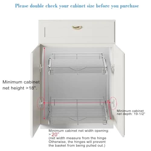 DINDON 2 Tier Pull Out Cabinet Organizer 20" W x 18" D Chrome | Double Tier Wire Basket for Kitchen & Bathroom thumbnail 4