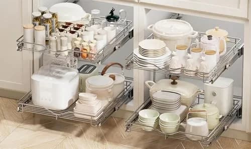 DINDON 2 Tier Pull Out Cabinet Organizer 20" W x 18" D Chrome | Double Tier Wire Basket for Kitchen & Bathroom thumbnail 7