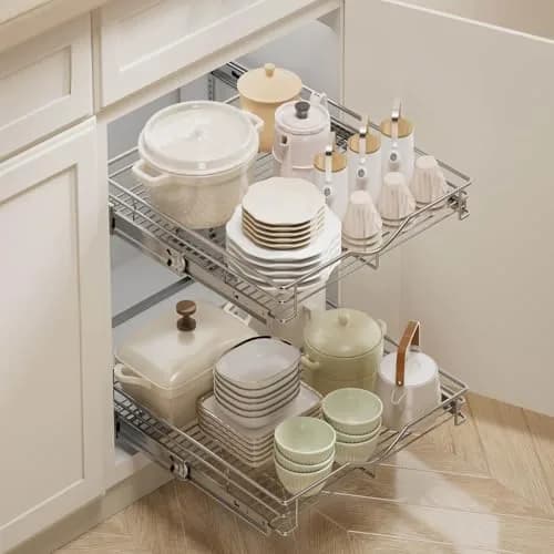 DINDON 2 Tier Pull Out Cabinet Organizer 20" W x 18" D Chrome | Double Tier Wire Basket for Kitchen & Bathroom thumbnail 2