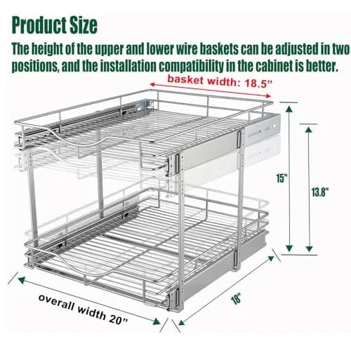 DINDON 2 Tier Pull Out Cabinet Organizer 20" W x 18" D Chrome | Double Tier Wire Basket for Kitchen & Bathroom thumbnail 3