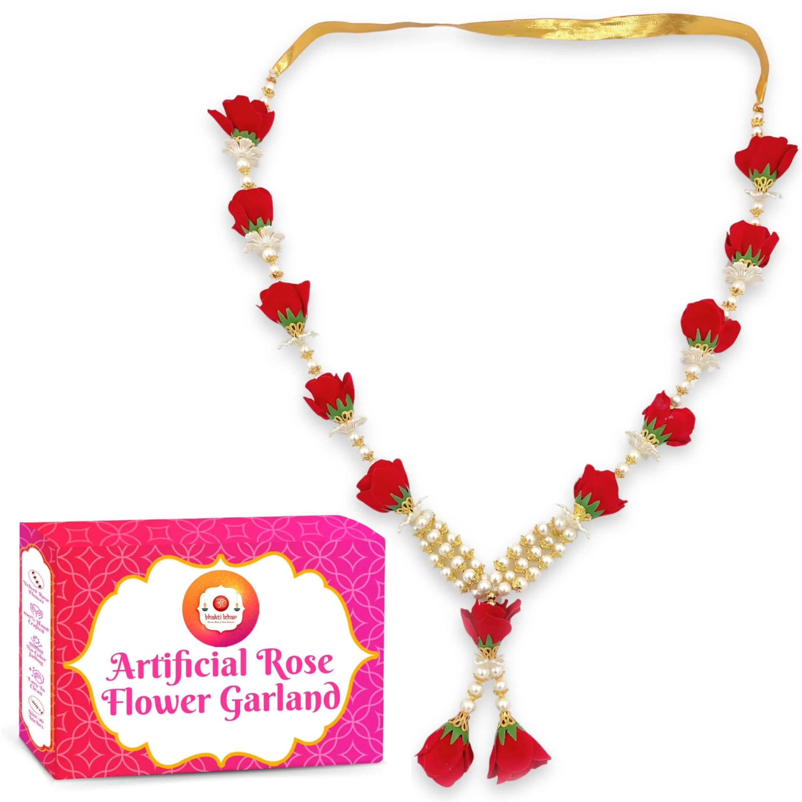Bhakti Lehar Artificial Velvet Rose Garland 16 Inch | Red & White Gold - main product image